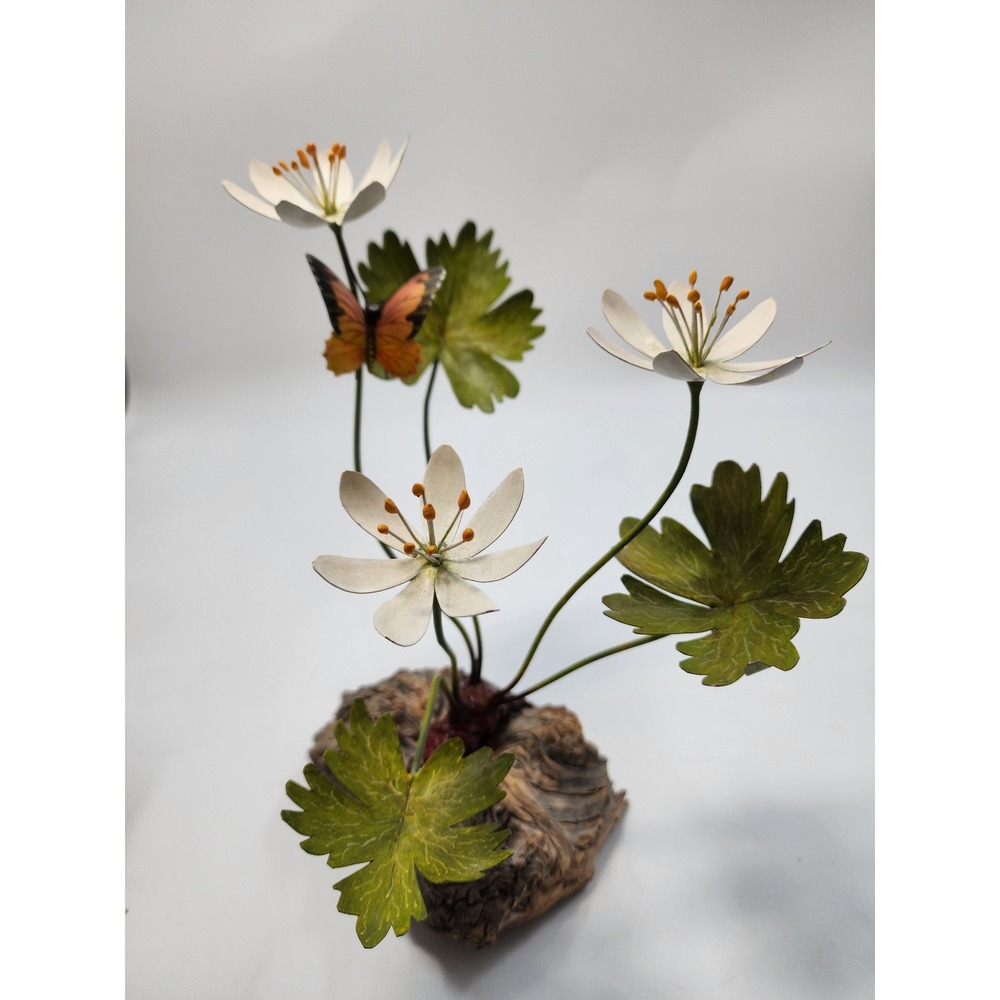 Vintage Charles Allen Bloodroot '75 Metal Flower Sculpture on Driftwood Base